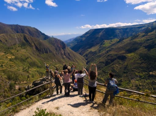 Andean Landscapes of Gera Group of young tourists admiring the Andean mountain ranges with views towards the Amazon basin.