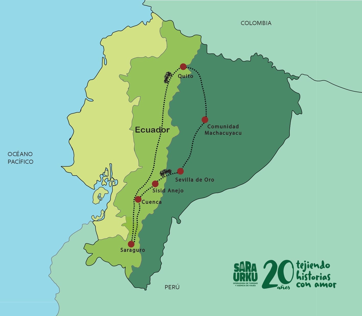 Un mapa de Ecuador mostrando los lugares del tour Explorando Ecuador: Entre Los Andes y La Amazonia