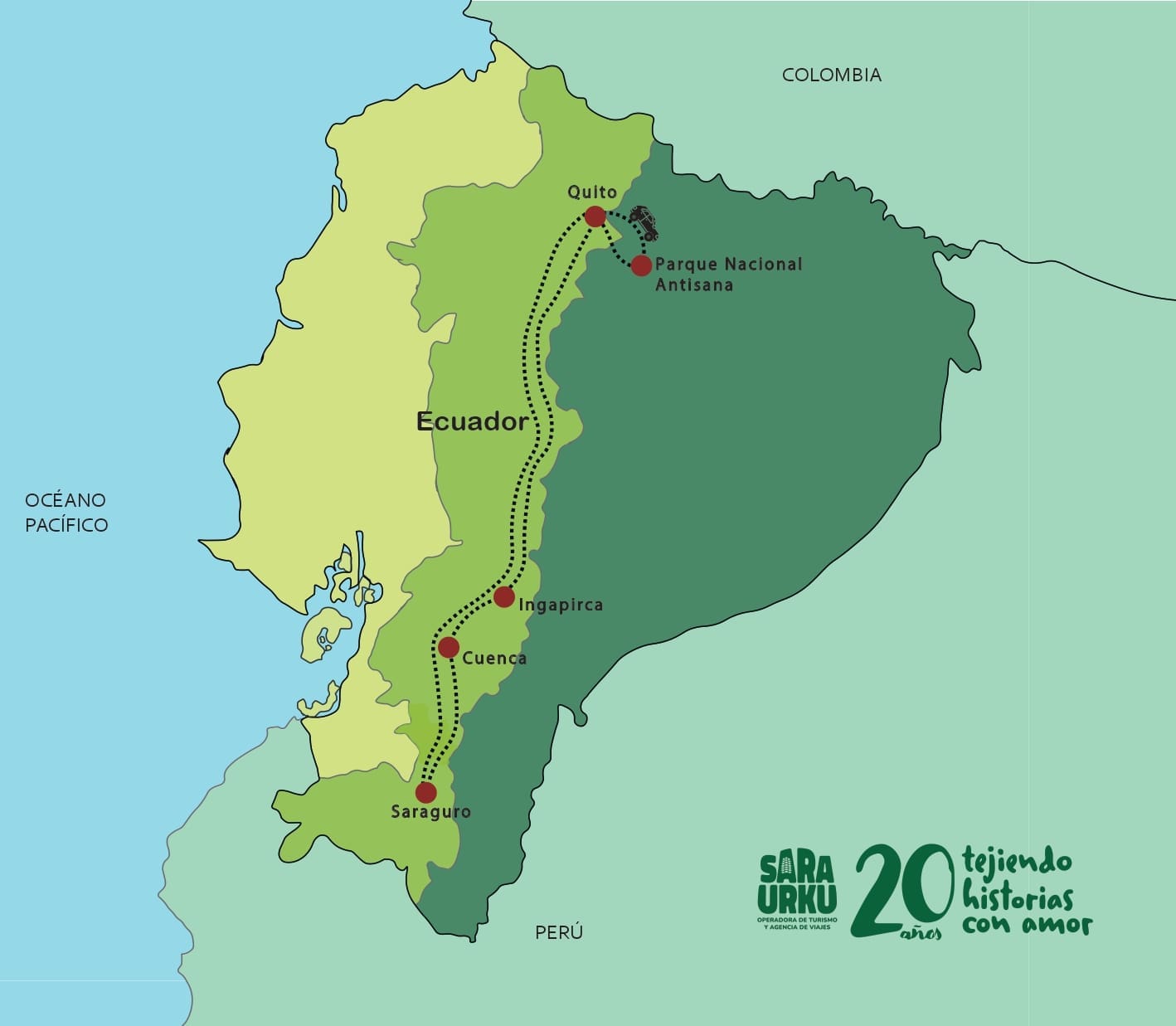 Un mapa de Ecuador mostrando los lugares del tour Ecuador Andino: Conexión Cultural de Norte a Sur