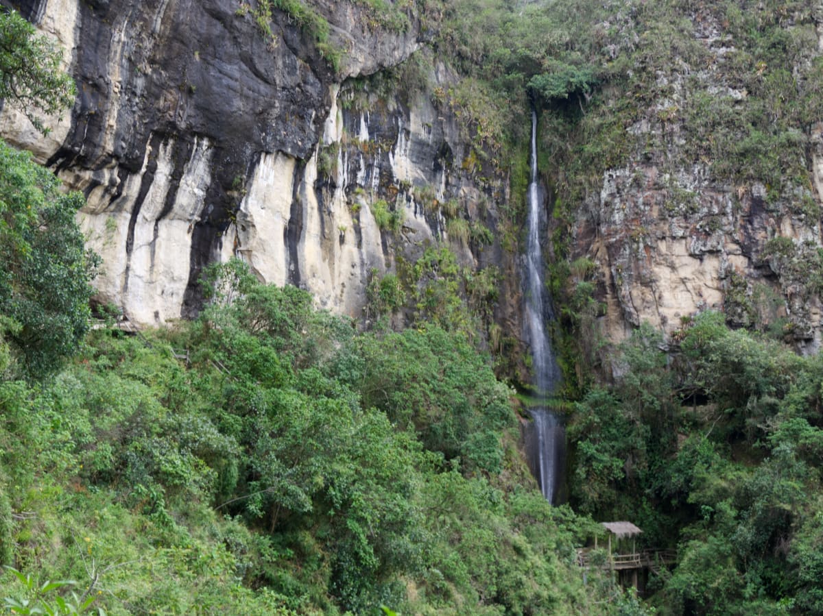 Inca Baths A thin but tall waterfall cascades from a cliff into the green forest, guiding the view towards a small structure at its base.