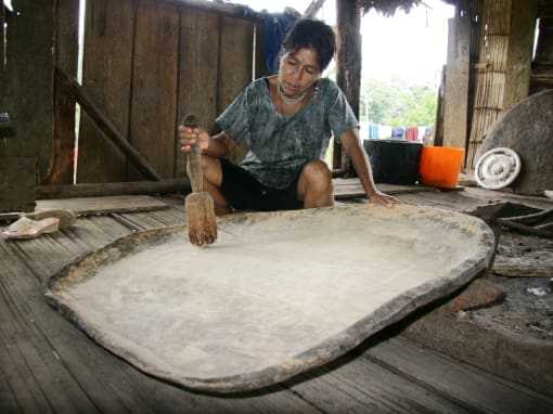 Una mujer de la comunidad Machacuyacu muestra el proceso tradicional de preparación de chicha de yuca, destacando sus conocimientos ancestrales y su conexión cultural.