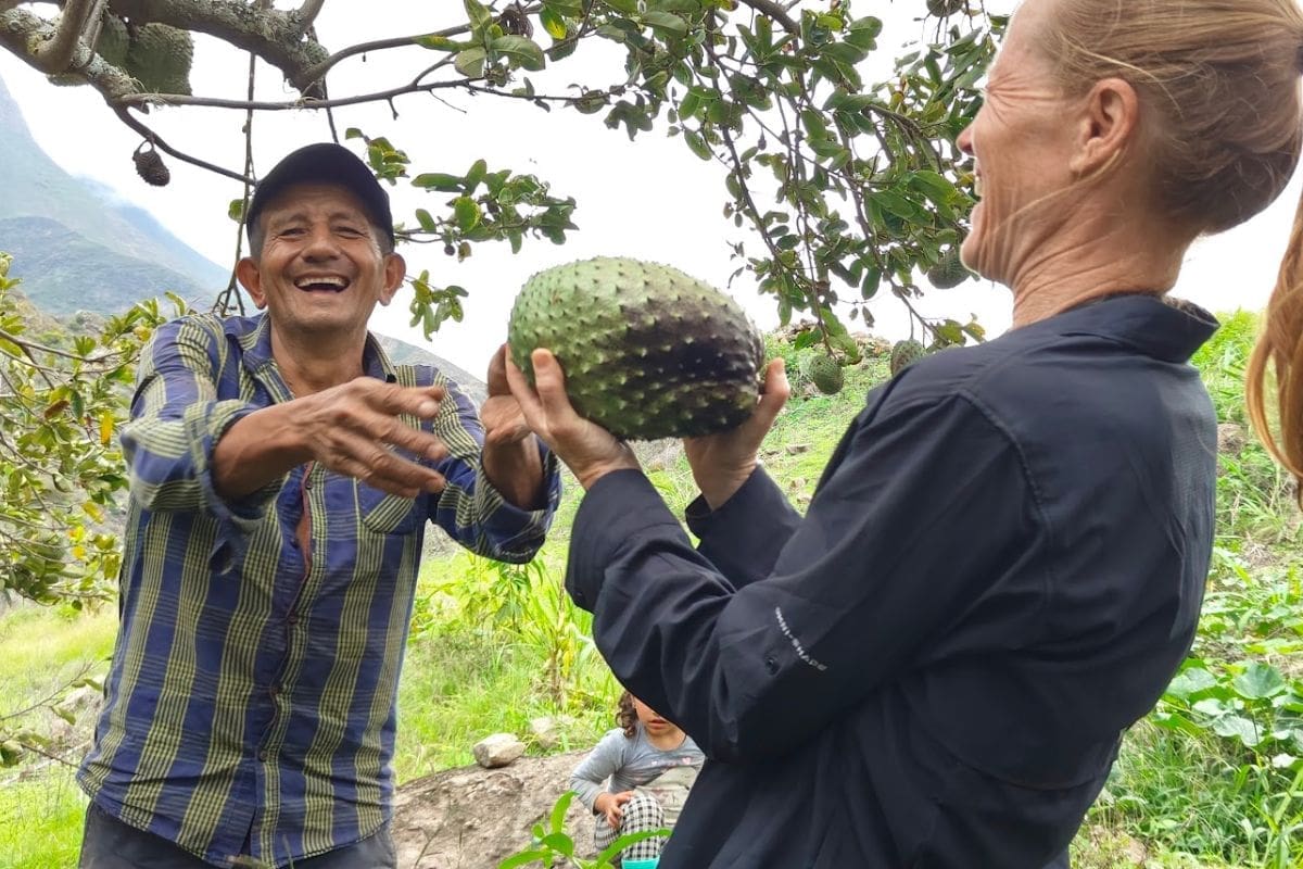 "Don Leonidas y su Generosidad con la producción de su huerta" "Don Leonídas, anfitrión de la ruta agroturística en Saraguro, ofreciendo frutas tropicales de su huerta a turista"
